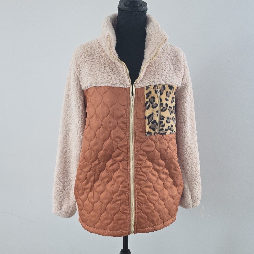 Cozy Sherpa and Quilted Jacket with Leopard Accent